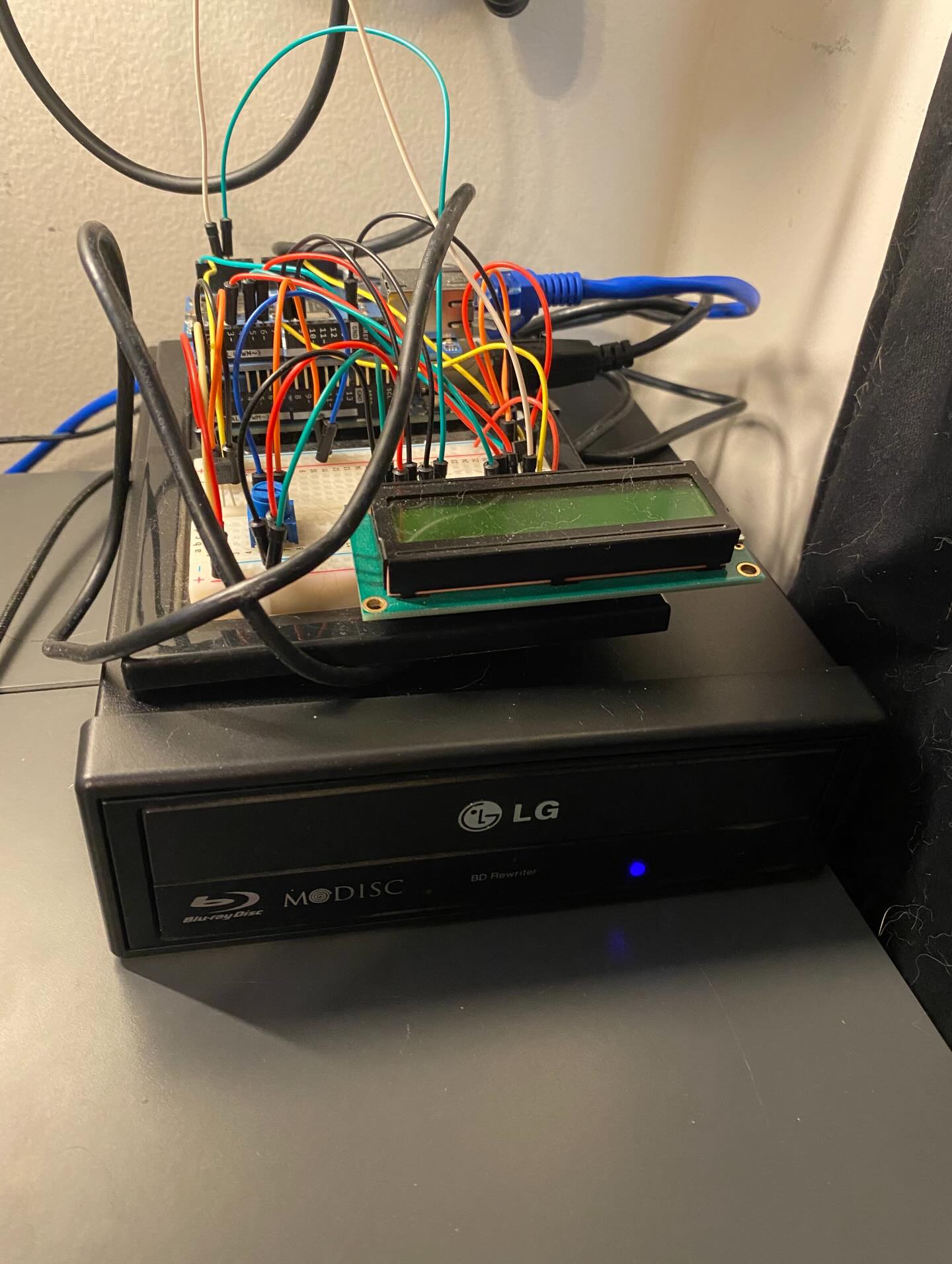 First revision probe board on a breadboard with DHT22 sensors and LCD