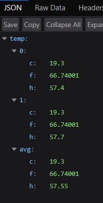 Browser JSON viewer showing temp probe keys 0, 1, and avg with Fahrenheit Celsius and humidity