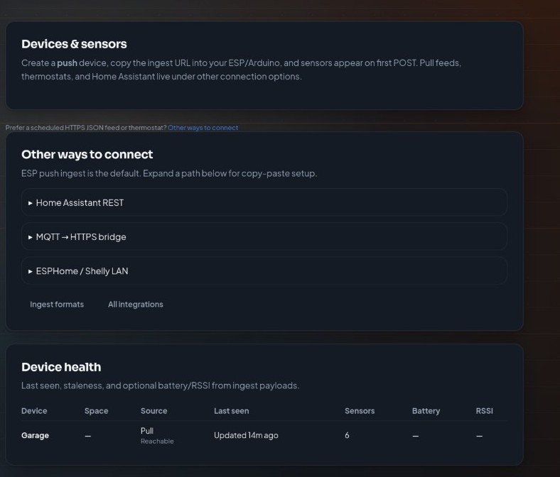 ProbeHarbor Devices page showing Garage pull device health and connection options