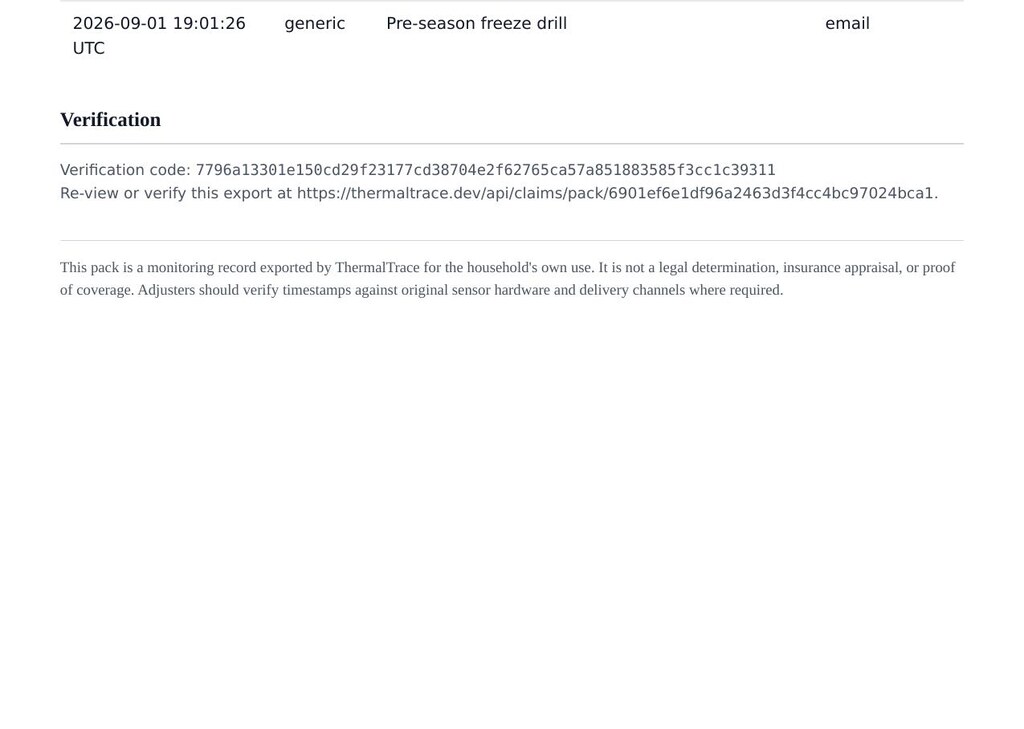ProbeHarbor claims pack verification section with SHA-256 code, permanent verify link, and legal disclaimer